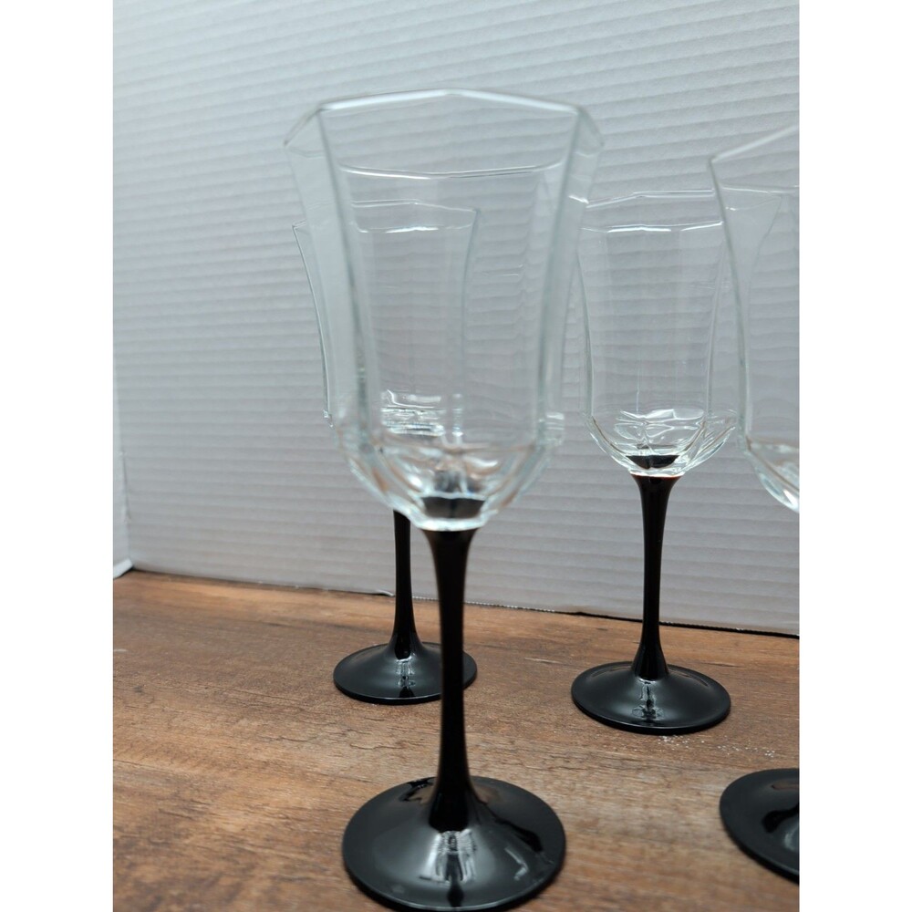 Set Of 4 Arcoroc Luminarc France Black Stem Octime Wine Goblets 8” Glass Octagon - Picture 3 of 6